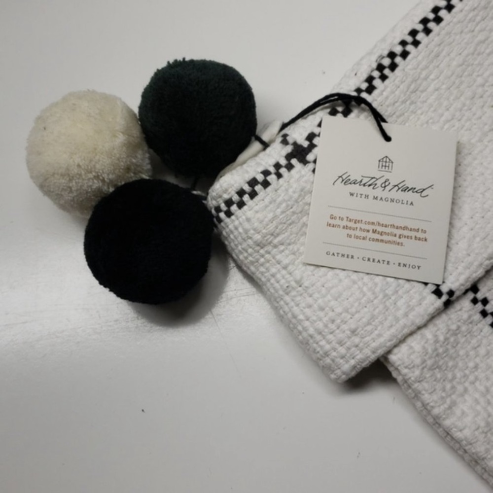 NEW ! Hearth & Hand Windowpane Woven Plaid Poms Gray/ Cream Stocking - Picture 3 of 6